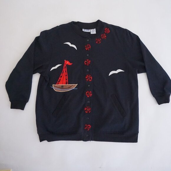 Sweaters - Vintage Blair Black Cotton Cardigan Cardinal Winter Cabincore Grandmacore XL